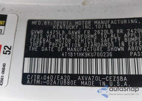 2019 Toyota Camry Se from USA, damaged, VIN 4T1B11HK9KU700236